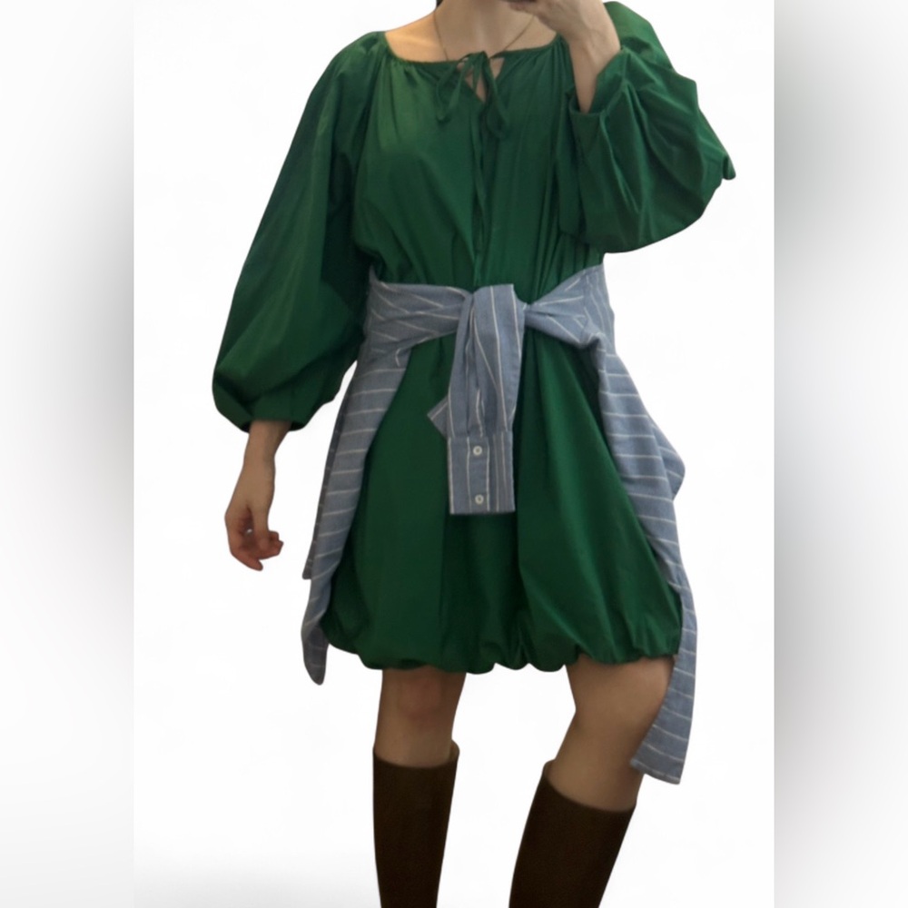 Green Balloon Voluminous Puff Sleeve Tie-Neck Midi Shift Bubble Dress One Size